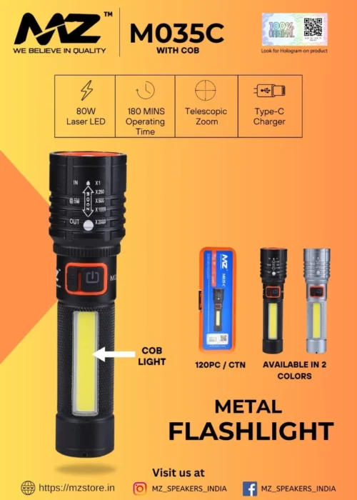 MZ 035C (ZOOMABLE LED METAL )5 Modes Flashlight, Super Bright Cree with COB Torch  (Black, 13.5 cm, Rechargeable) - Image 5