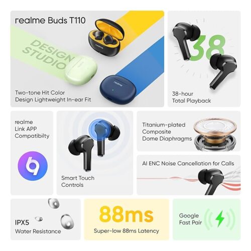 realme Buds T110 Bluetooth Truly Wireless in Ear Earbuds with mic, AI ENC for Calls, Google Fast Pair, 38 Hours Total Playback with Fast Charging and Low Latency Gaming Mode (Punk Black) - Image 8