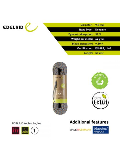 Edelrid Parrot 9.8 mm Dynamic Ropes 50 Mtr Rope(Single rope made from reused left-over yarns | Climb Green) - Image 3