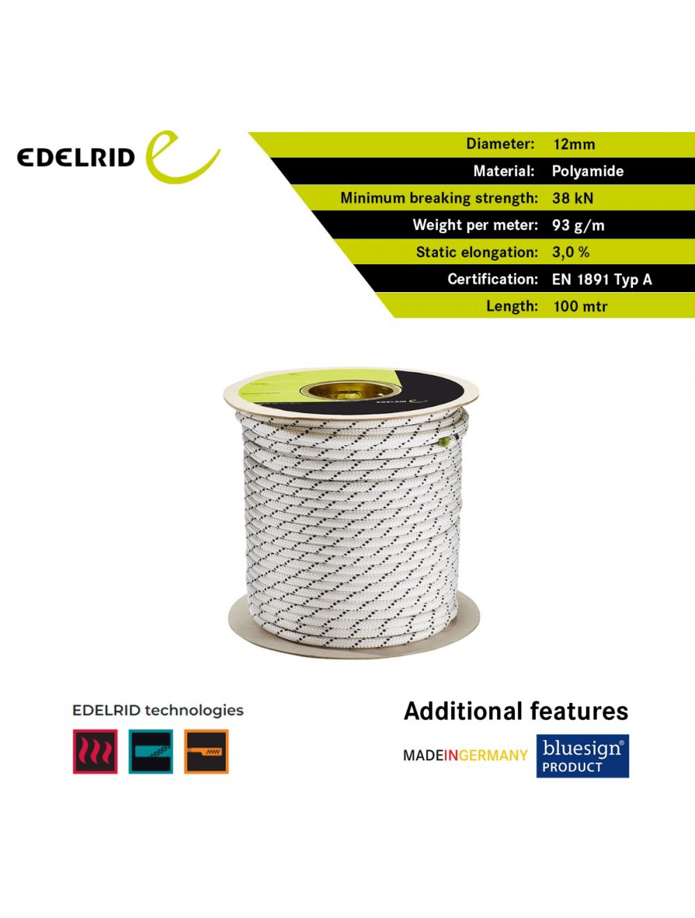 Edelrid Performance Static 12 mm 200 Mtr - Snow(Static rope with high abrasion resistance and low elongation) - Image 3