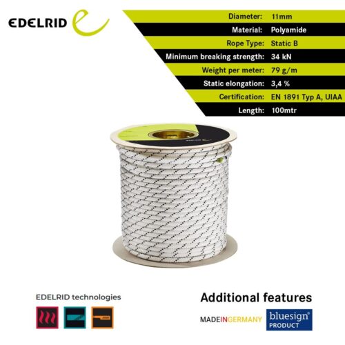 Edelrid Performance Static 11 mm 100 Mtr - Snow (Static rope with high abrasion resistance and low elongation) - Image 3