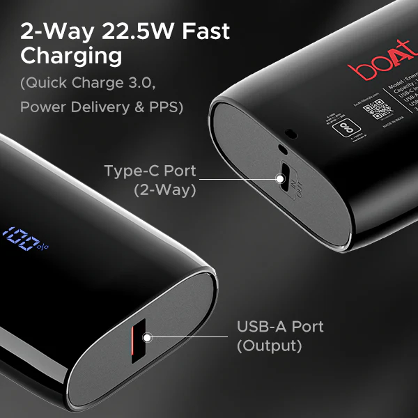 boAt EnergyShroom PB300 Air 10000mAh Powerbank (Carbon Black )with 2-way 22.5W fast charging, LED battery display, 12 Layer Smart IC Protection - Image 4